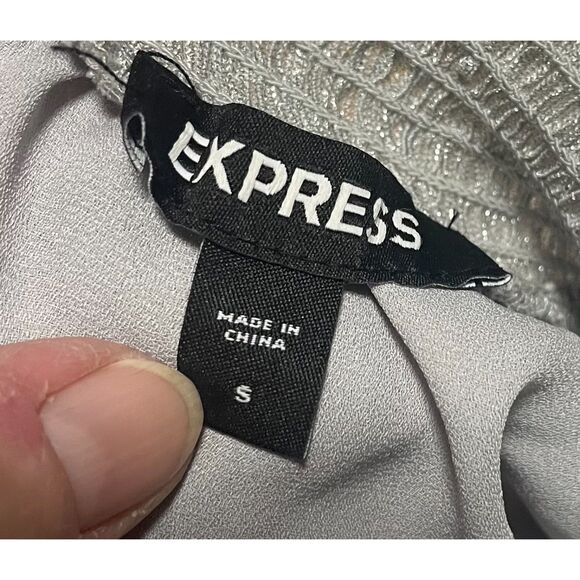 Express Silver Shimmer Pleated Tiered Mini Dress Long Sleeve SM - Picture 9 of 11